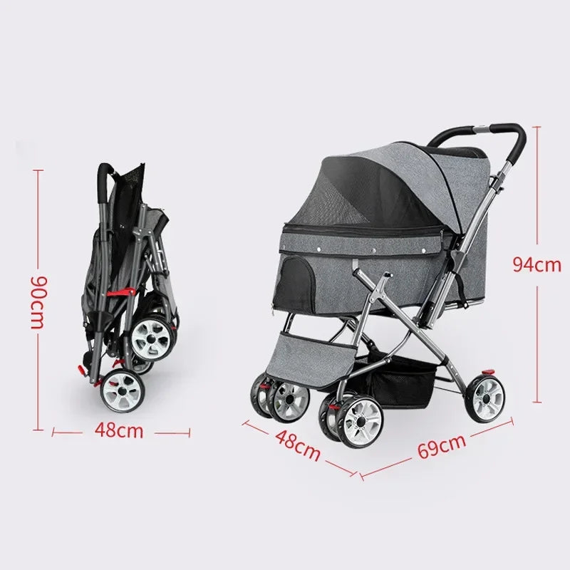Foldable pet stroller Portable four-wheel trolley