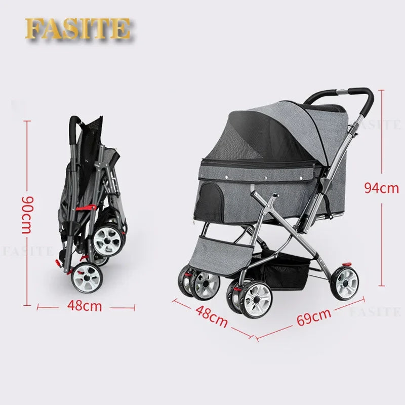 Foldable pet stroller Portable four-wheel trolley