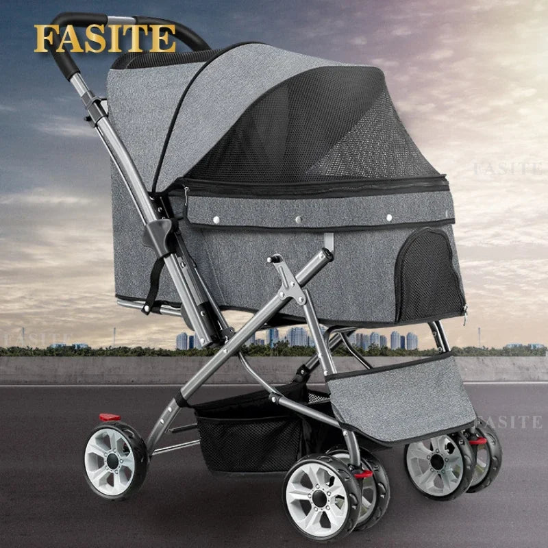 Foldable pet stroller Portable four-wheel trolley