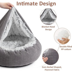 Small Dog Bed with Blanket Attached, Round Calming Hooded Cozy Cave Dog Beds for Small Dogs, Soft Plush Cuddler Puppy Pet Bed