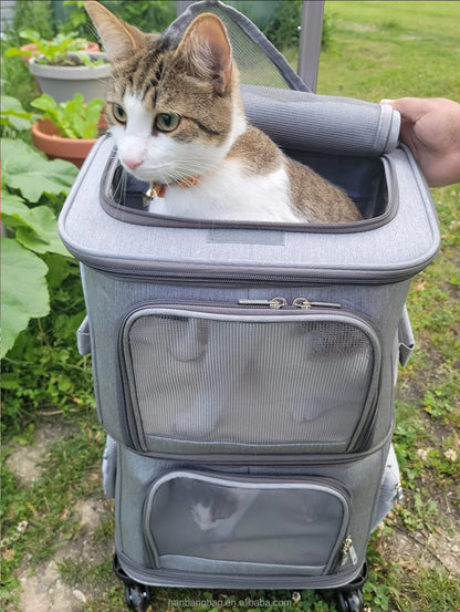 Travel wheels stroller rolling trolley pet carrier with wheels for 2 cats